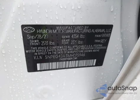 2021 Hyundai Sonata Se из США, поврежденный, VIN 5NPEG4JA3MH075946